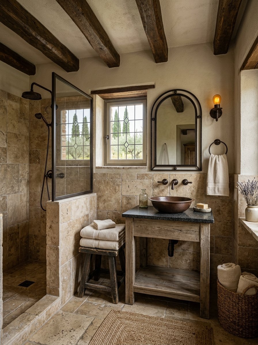 Tuscan-inspired bathroom with stone tiles, wooden vanity, copper sink, and walk-in glass shower enclosure.