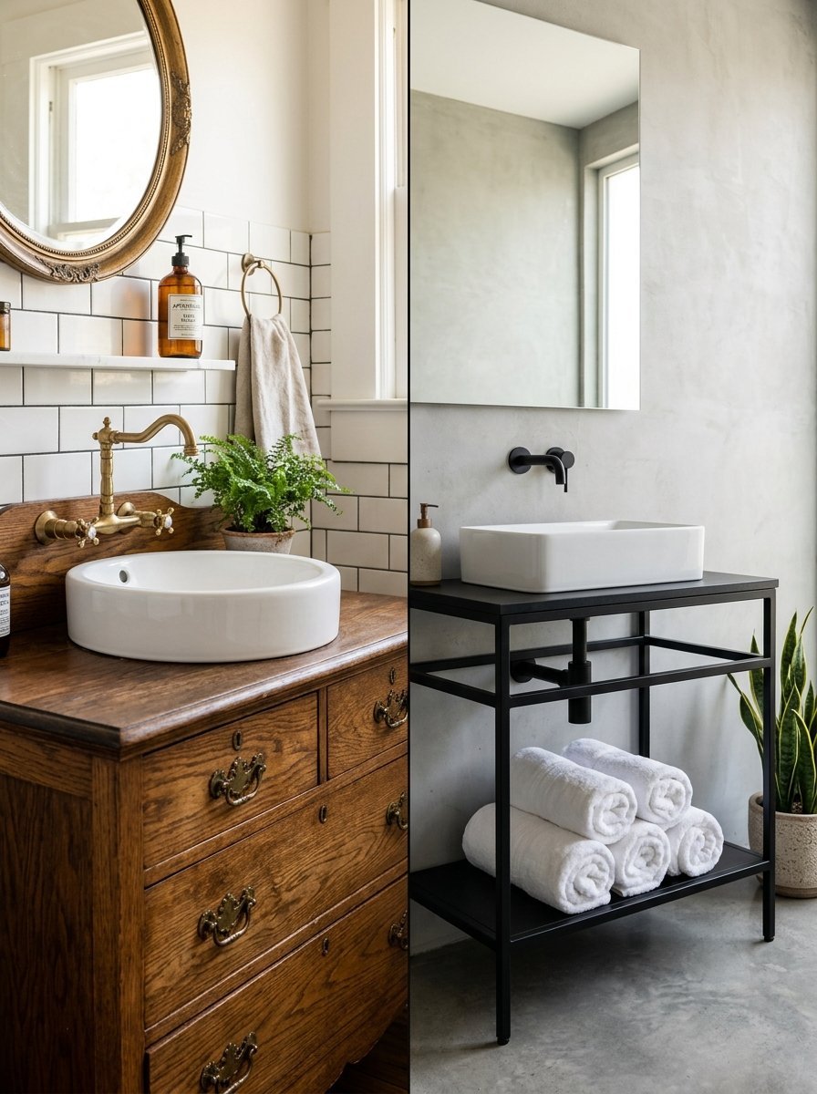 Comparison of a wooden vintage vanity with vessel sink and a black metal industrial console with stacked towels.