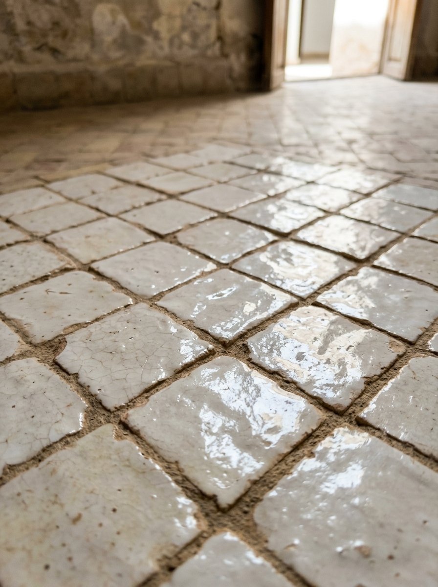 High angle shot of distressed white ceramic tiles with a glossy finish on a room floor.