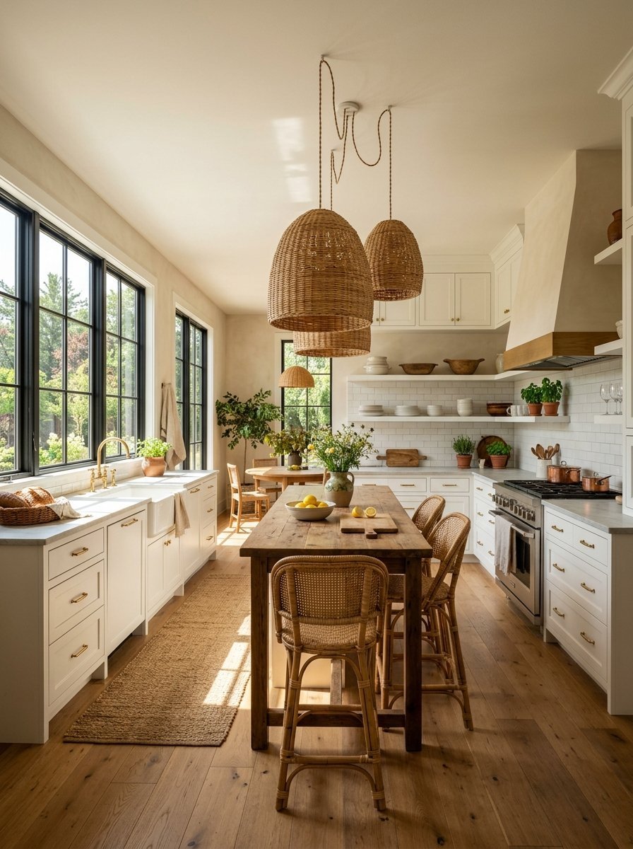 Sunny farmhouse kitchen featuring a wood island, wicker stools, and hanging natural fiber light fixtures.