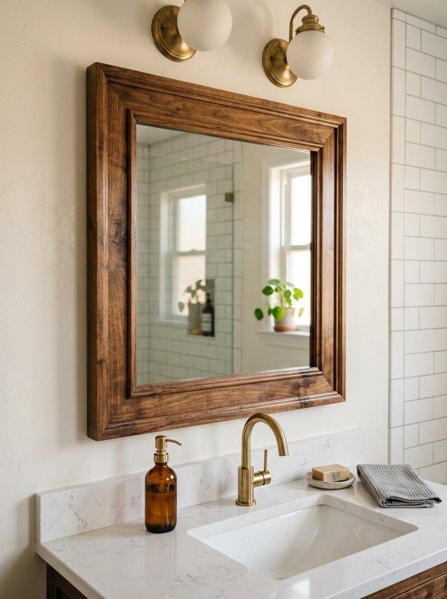 Close-up of a square wooden mirror hanging above a white marble sink with brass faucet and amber soap bottle.