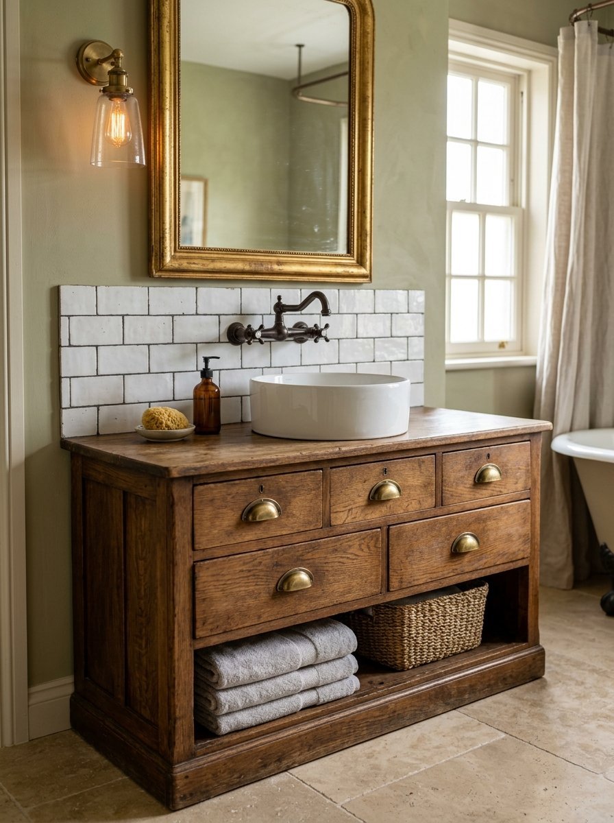Vintage oak vanity with brass handles, white subway tile backsplash, and a round vessel sink in a green-walled bathroom.