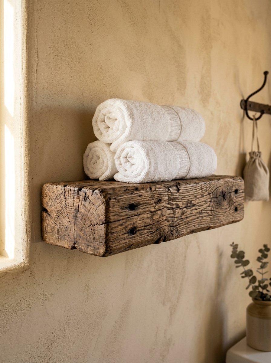 White hand towels stacked on a thick, dark brown textured timber wall shelf in a spa-like bathroom.