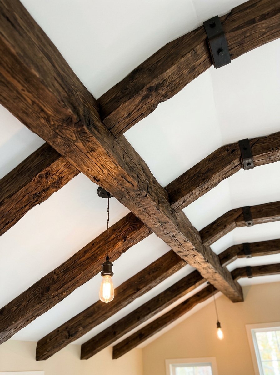 Exposed reclaimed timber ceiling beams featuring black metal hardware and hanging Edison bulb lighting fixtures.