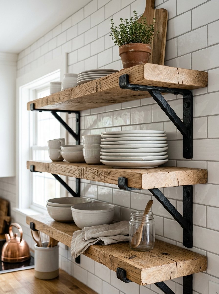 Three reclaimed timber shelves with iron brackets holding white bowls, plates, a small plant, and a glass jar.