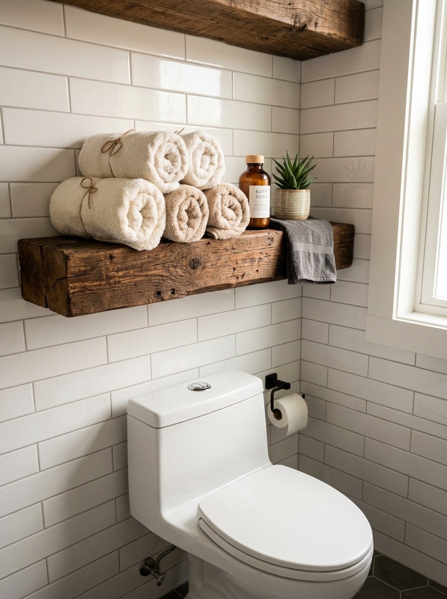 A rustic wooden shelf holding rolled towels, bath soap, and a small potted succulent above a white toilet.