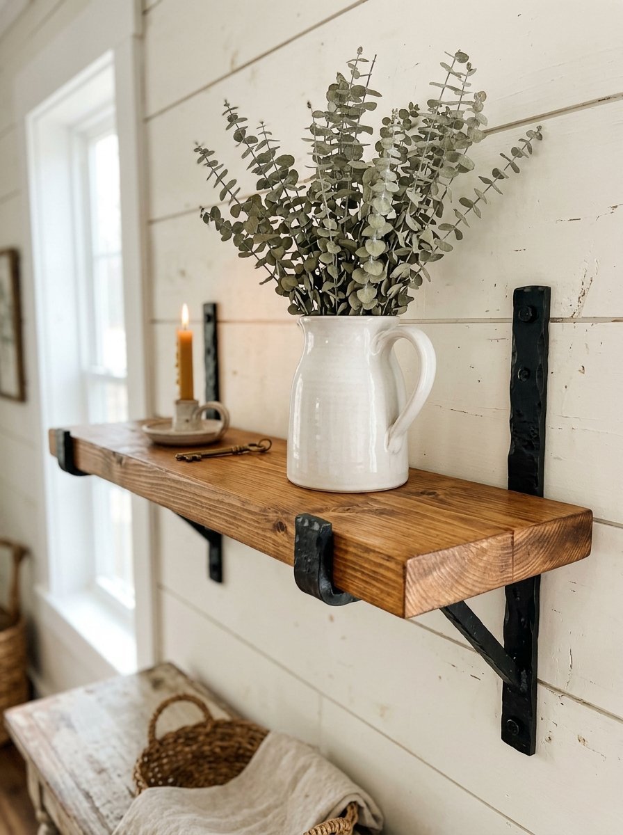 A rustic wood plank shelf with hammered iron brackets holding a white pitcher of eucalyptus and a small beeswax candle.