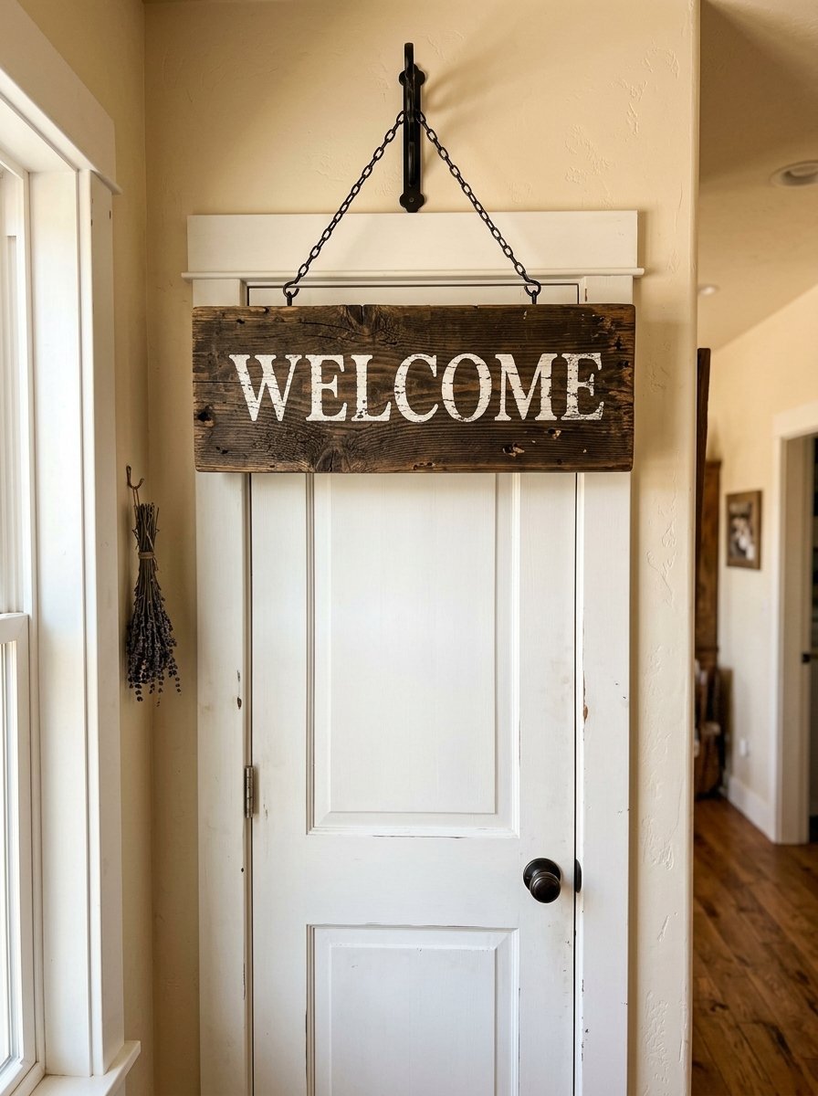 A distressed wood sign with white lettering hanging from a black chain above a white interior door.