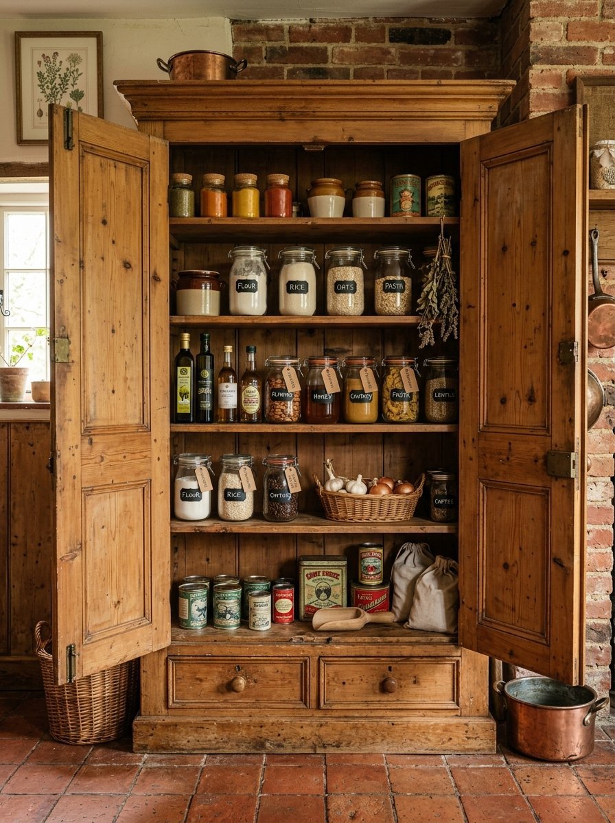 Open antique wooden pantry cabinet with shelves of dry goods, spices, and supplies in a rustic kitchen setting.