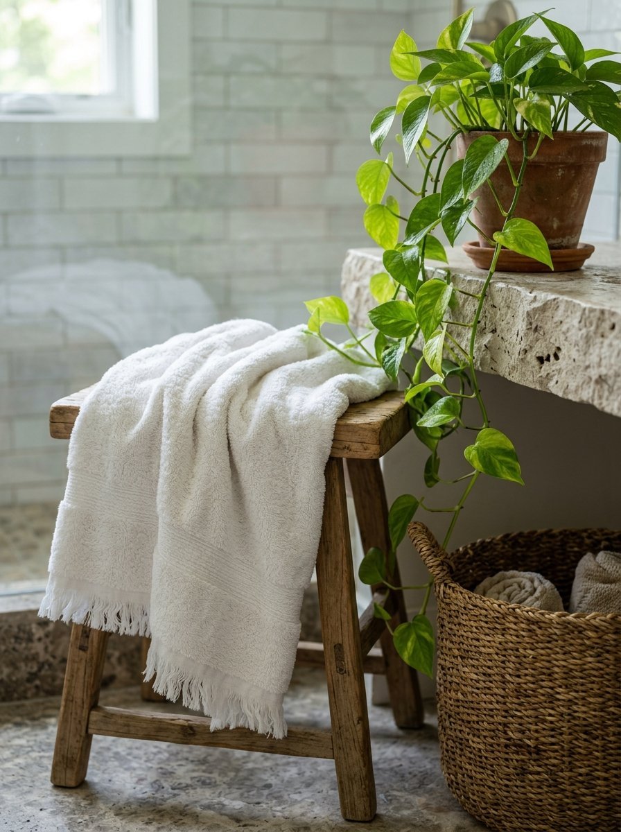 White towel on a wooden bathroom stool next to a potted pothos plant and woven basket.