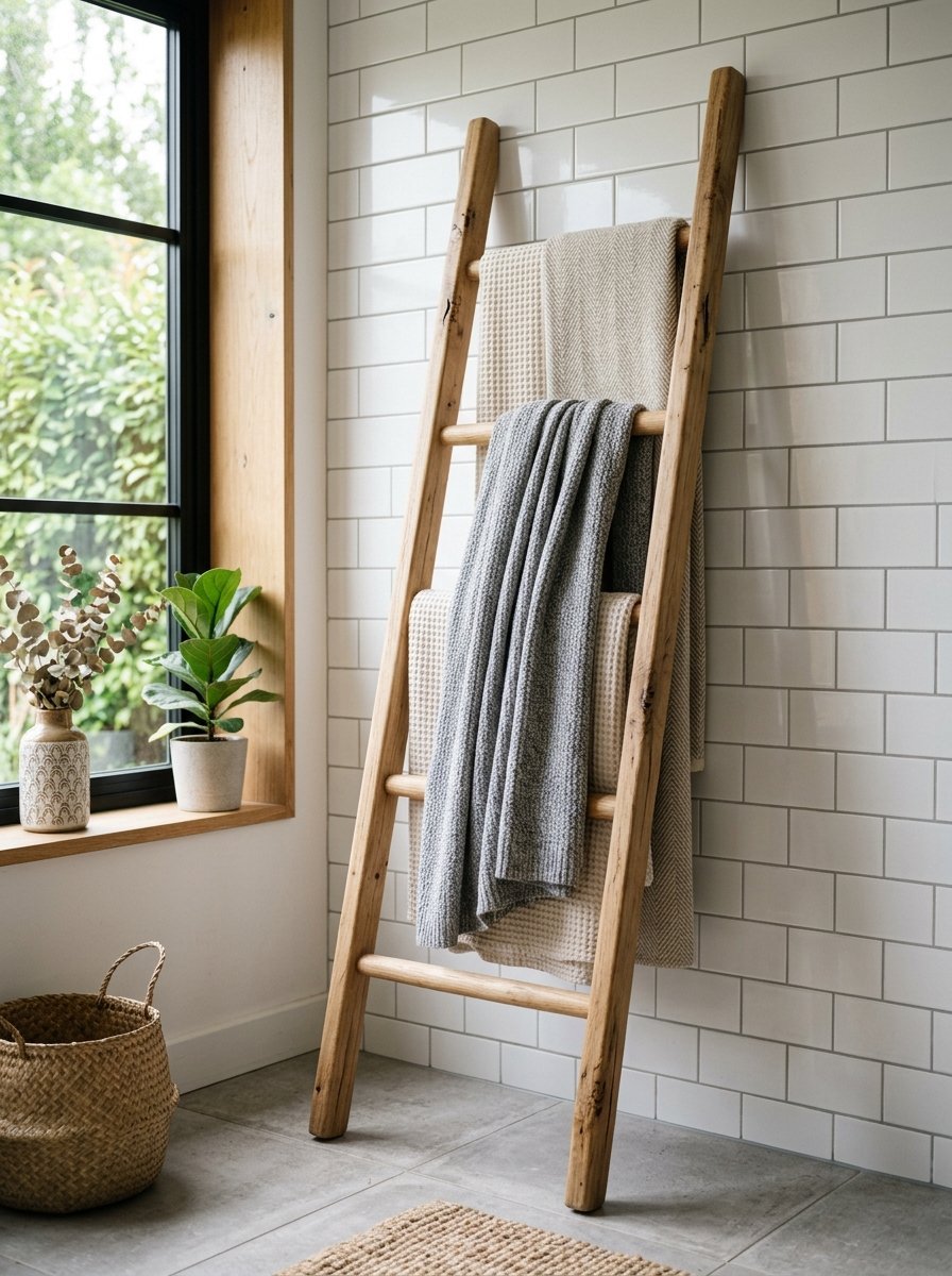 A wooden ladder leaning against a white subway tile wall draped with grey and cream woven blankets.