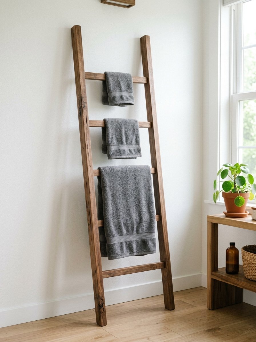 Three grey towels hanging on a dark wood decorative ladder in a bright room.