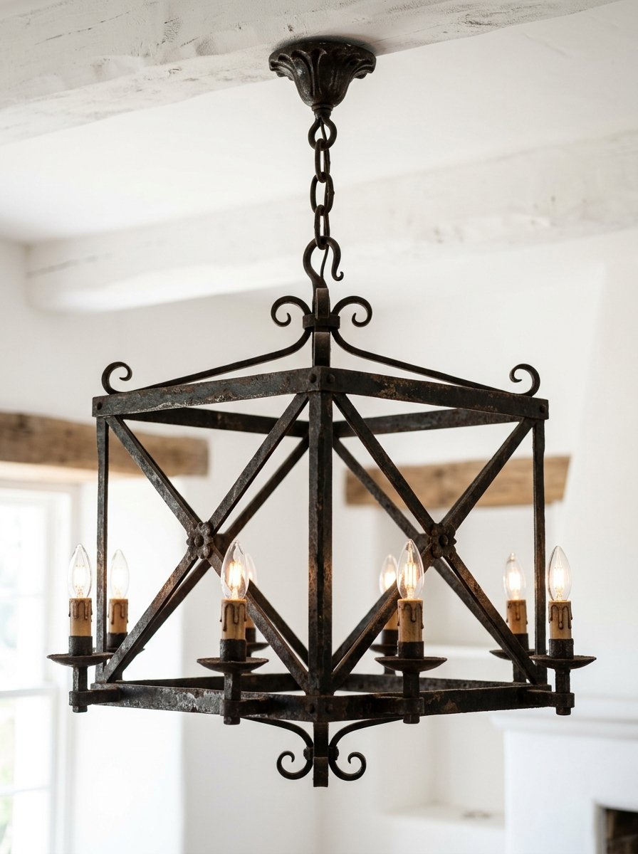 An antique dark metal cage pendant light with six candle-style bulbs.