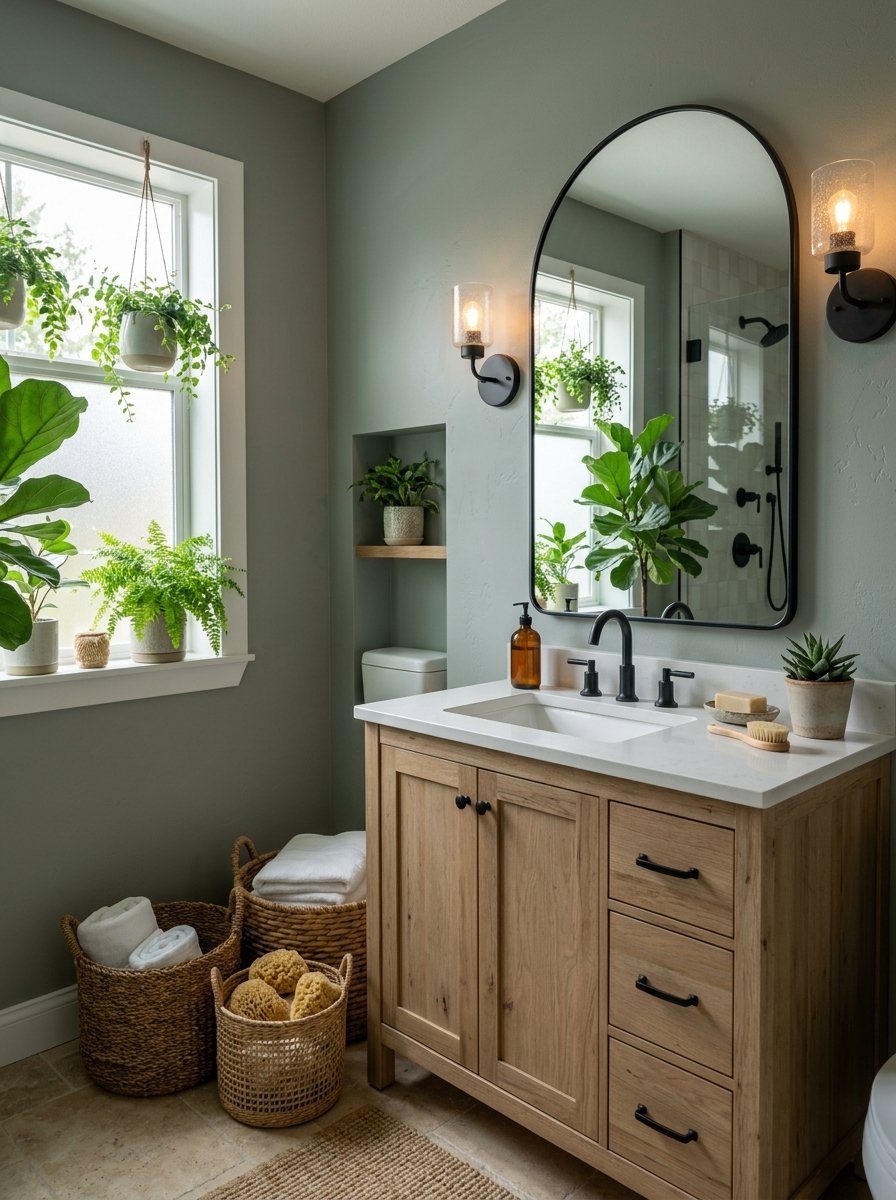 A bathroom vanity with a wooden base, white countertop, and arched black framed mirror against sage green walls.