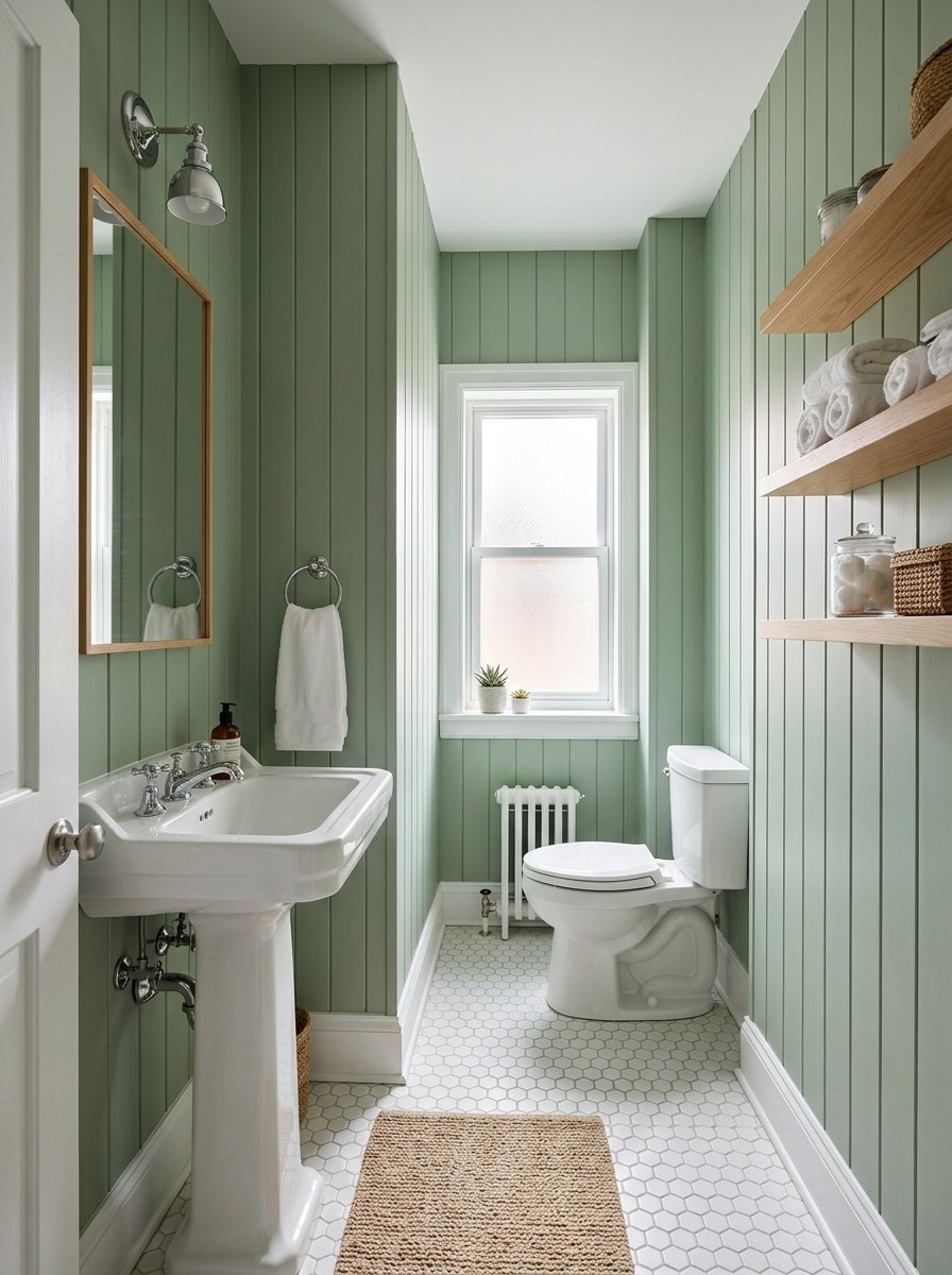 Narrow powder room with light green vertical paneled walls, white pedestal sink, and white hexagonal floor tiles.