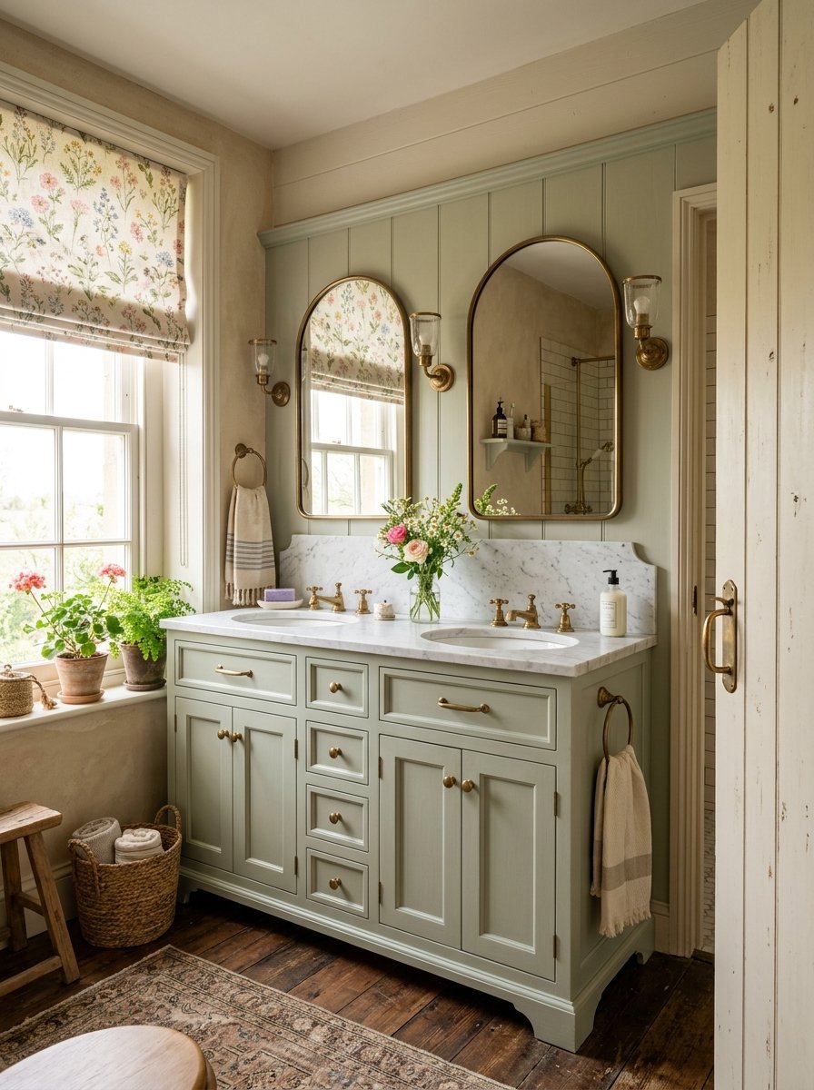 A rustic double bathroom vanity in sage green with a marble top, gold fixtures, and two arched wall mirrors.