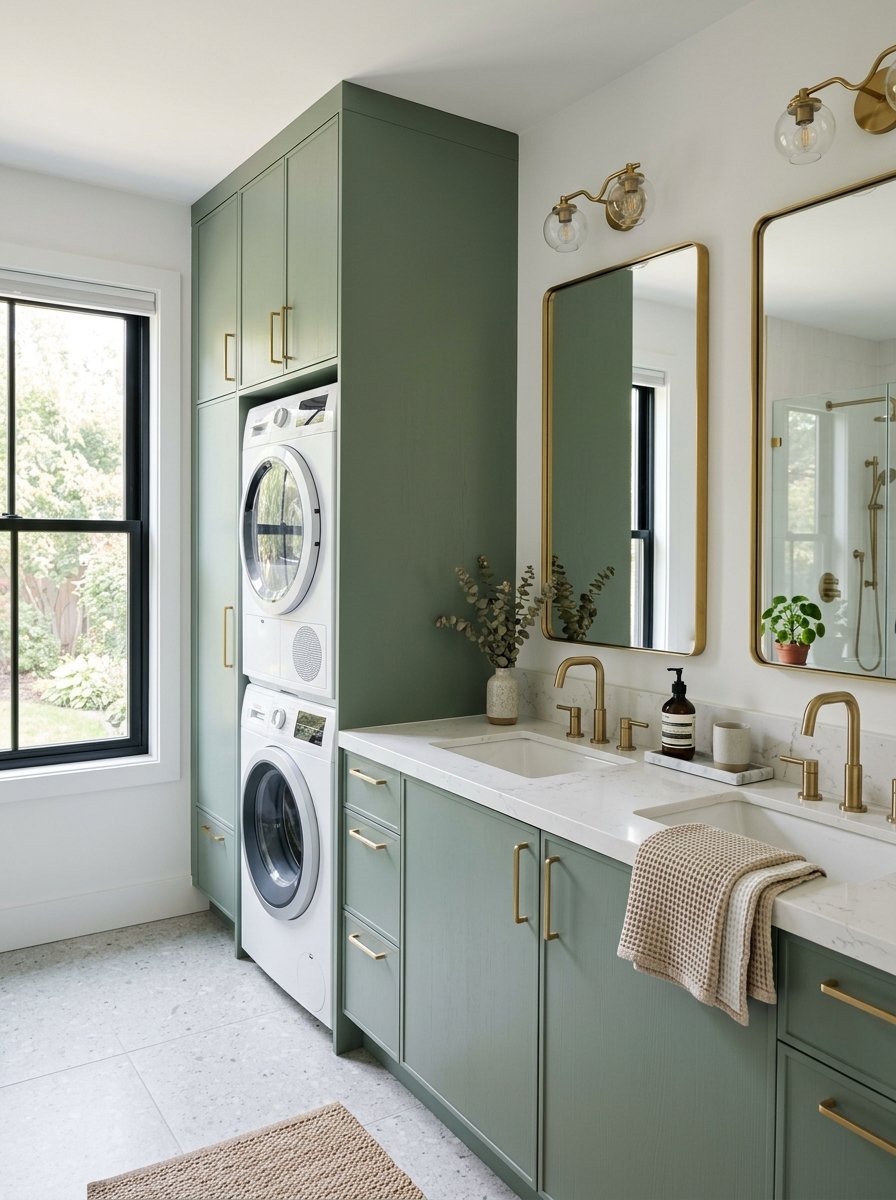 Modern bathroom with sage green cabinets, gold hardware, and a stacked washer and dryer unit.