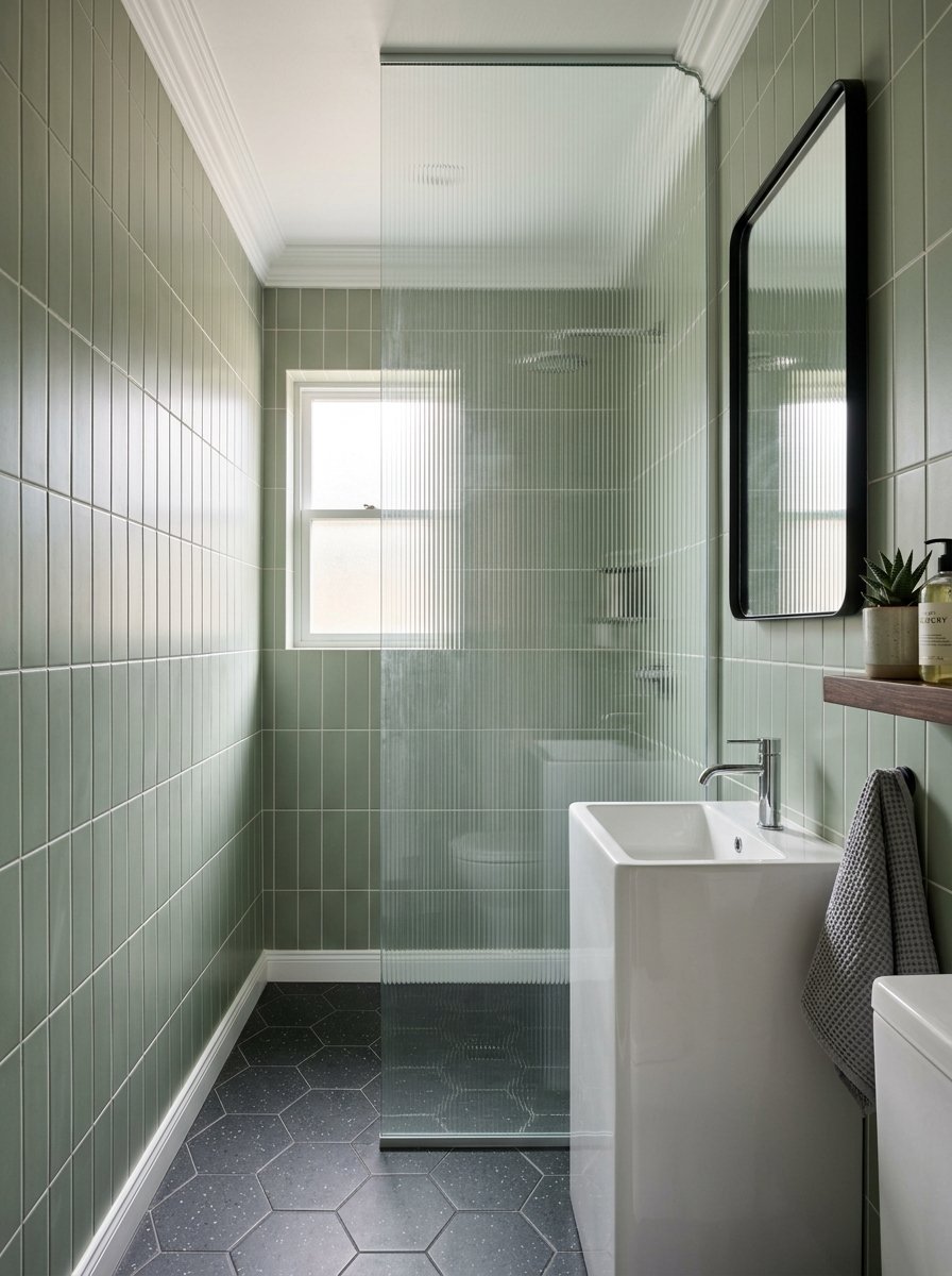 Modern bathroom with sage green subway tiles, a ribbed glass shower screen, and dark hexagonal floor tiles.