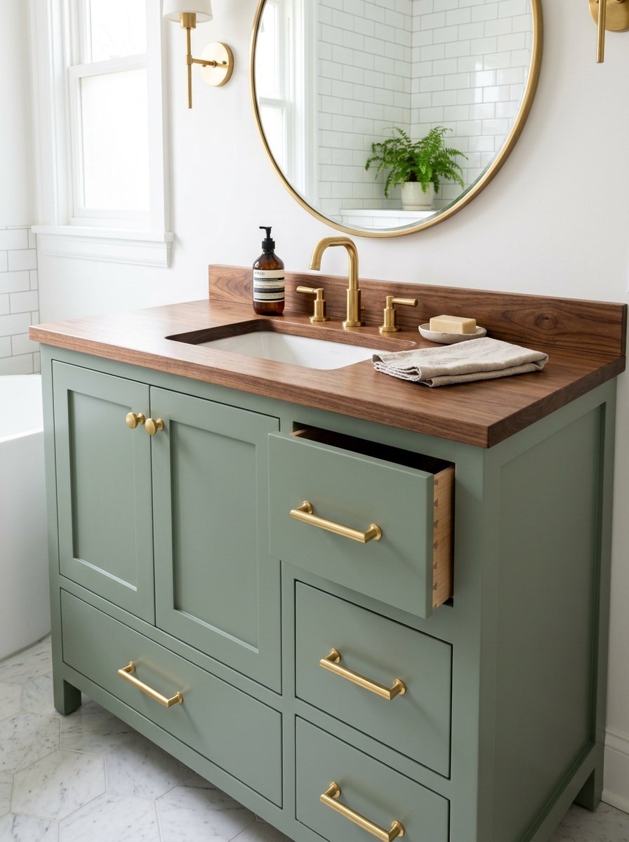 Modern sage green bathroom cabinet with a wood countertop and open drawer featuring gold handles.