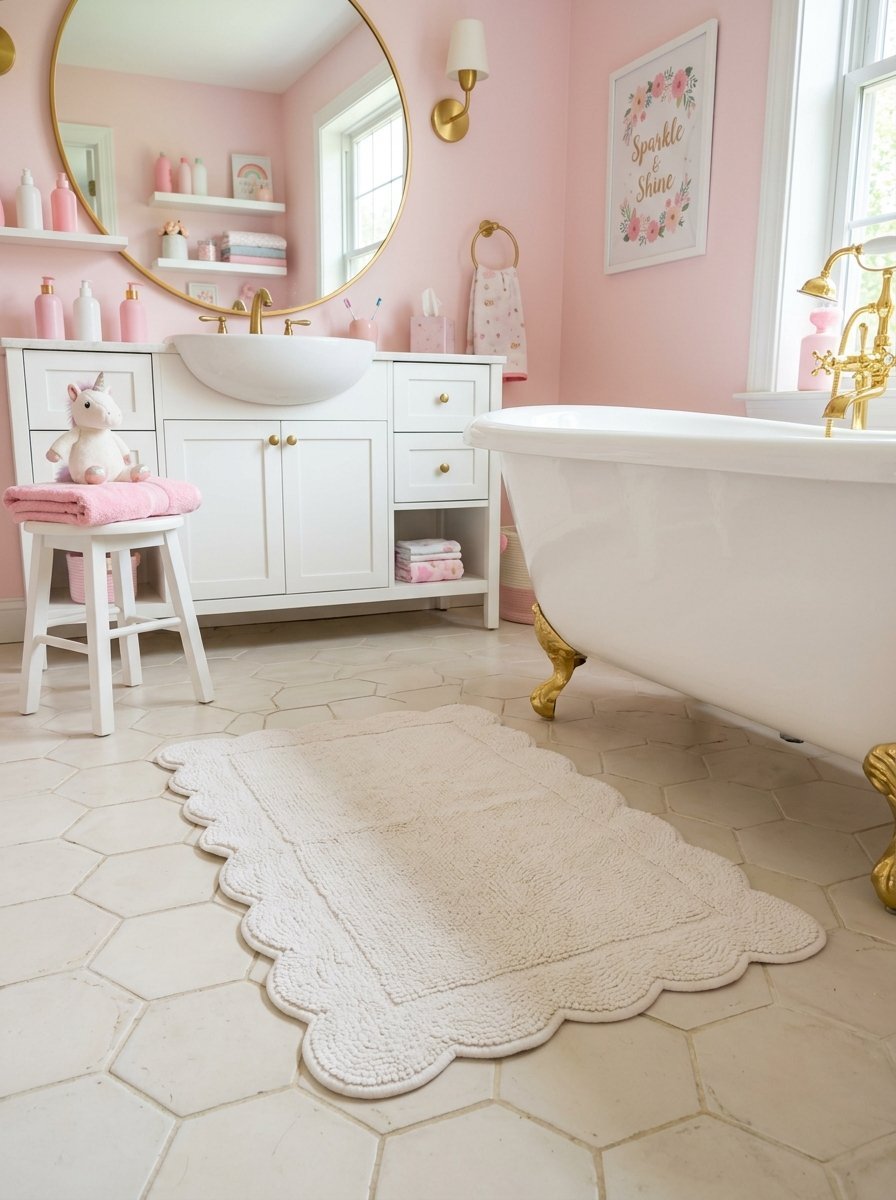 A beige scalloped bath mat sits on a hexagonal tile floor in a charming pink bathroom with a gold-accented tub.