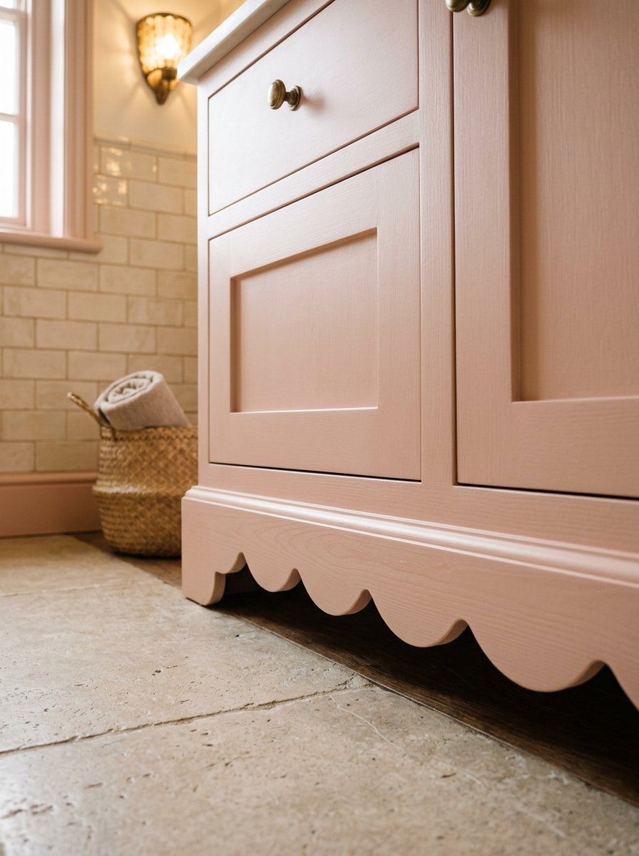 Close-up of a pink vanity cabinet with a scalloped bottom edge sitting on stone tile flooring.