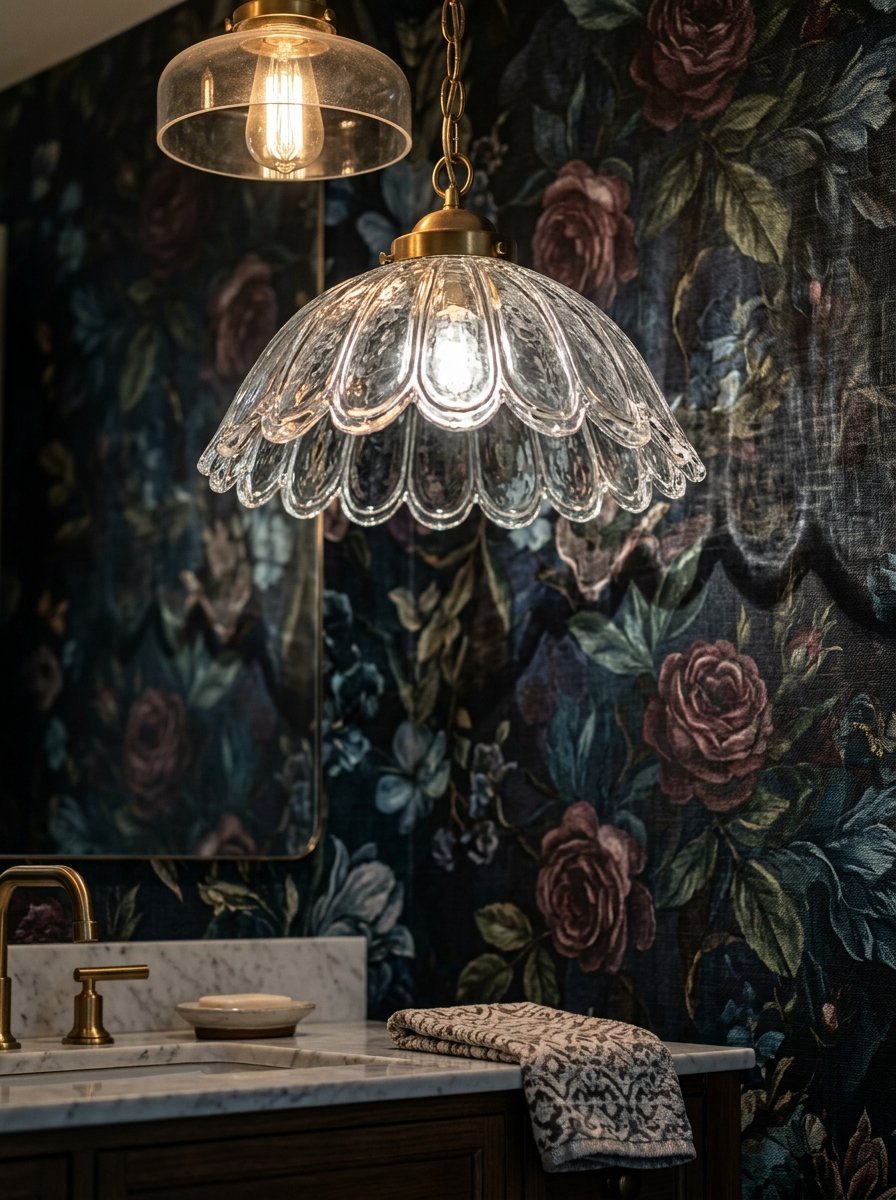 A vintage-style scalloped glass pendant lamp hanging over a marble bathroom vanity with dark rose-patterned wallpaper.