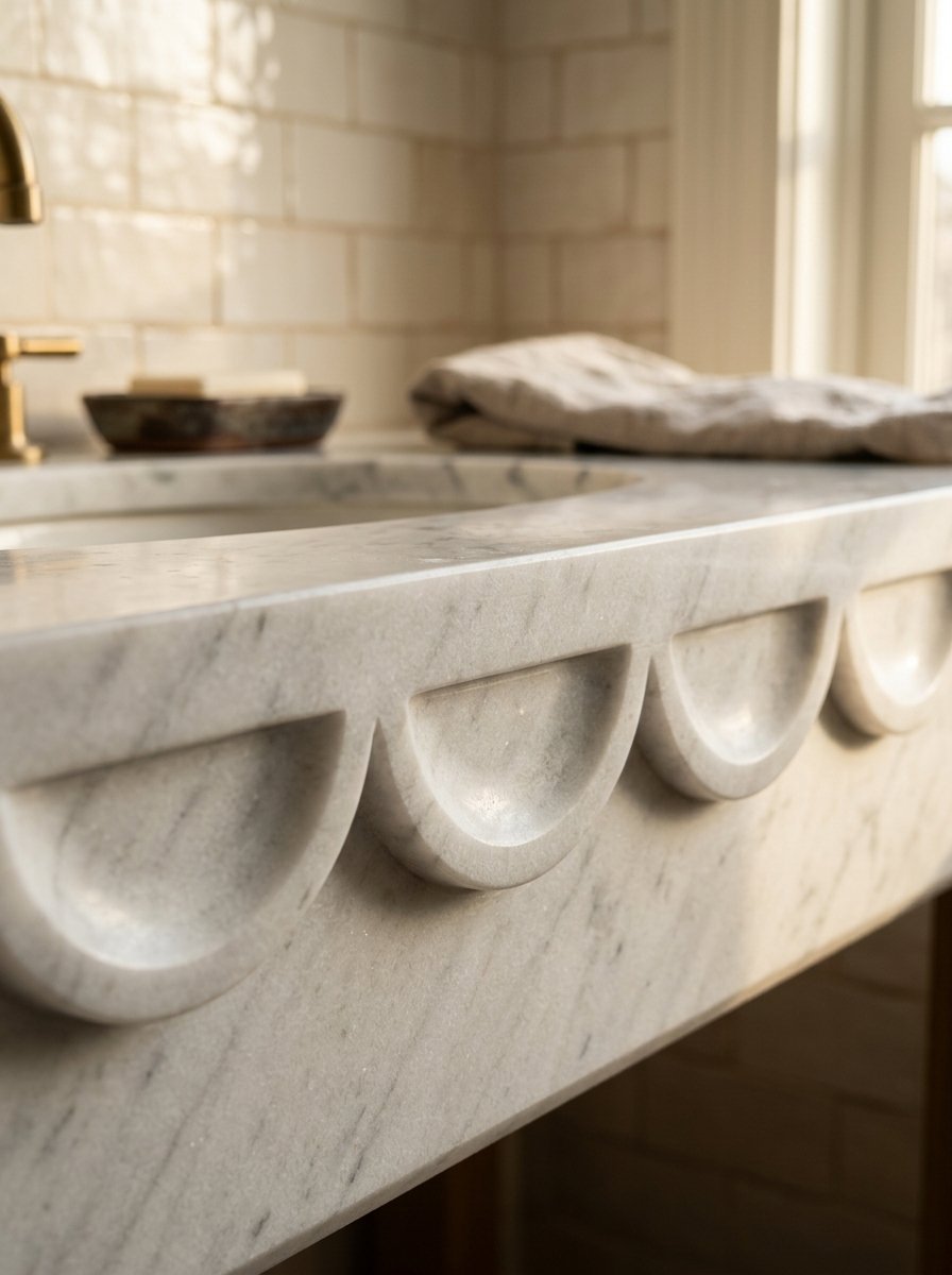 Close-up of a white marble bathroom vanity featuring a decorative carved scalloped edge detail.