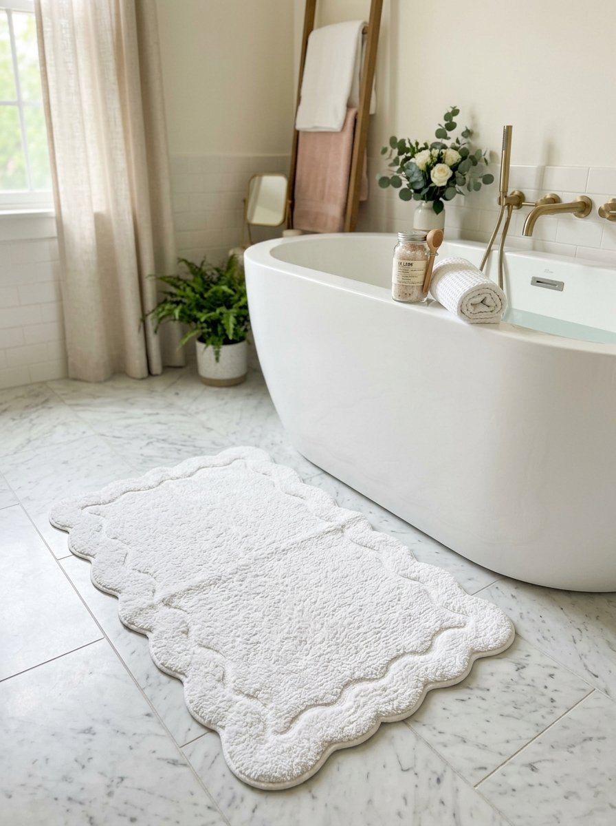 Textured white scalloped bath mat sitting on a grey and white marble bathroom floor near a modern soaking tub.