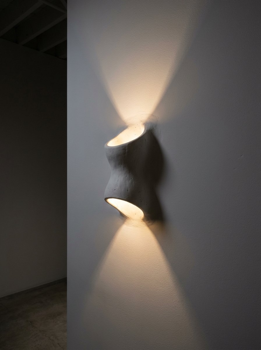 Modern dual-aperture wall sconce with a textured stone finish projecting light upward and downward.