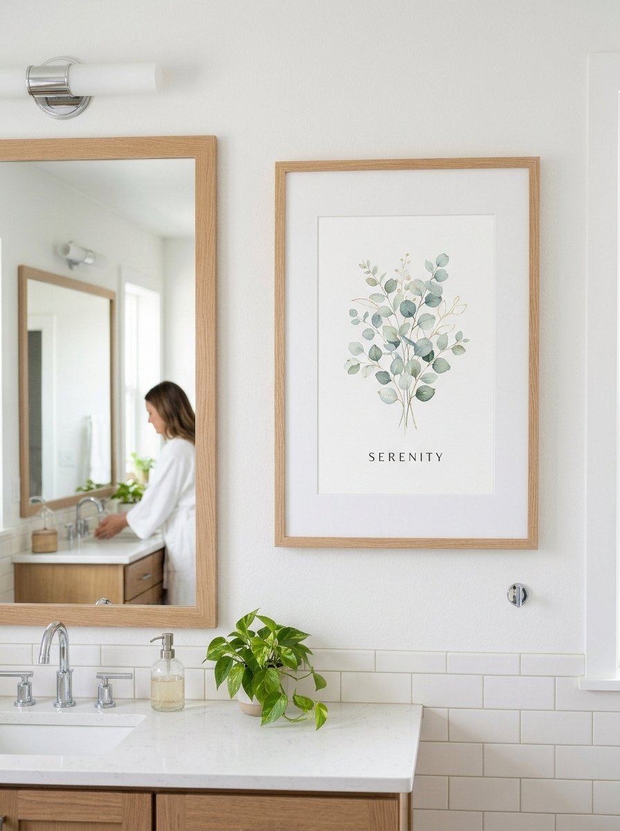 A framed botanical watercolor print with the word Serenity hanging on a white tiled bathroom wall.