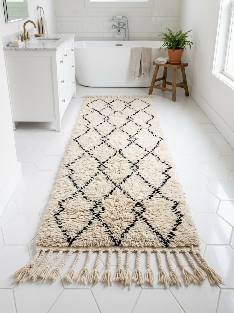 High-pile cream-colored runner rug featuring black diamond motifs and braided tassels on a white tiled bathroom floor.