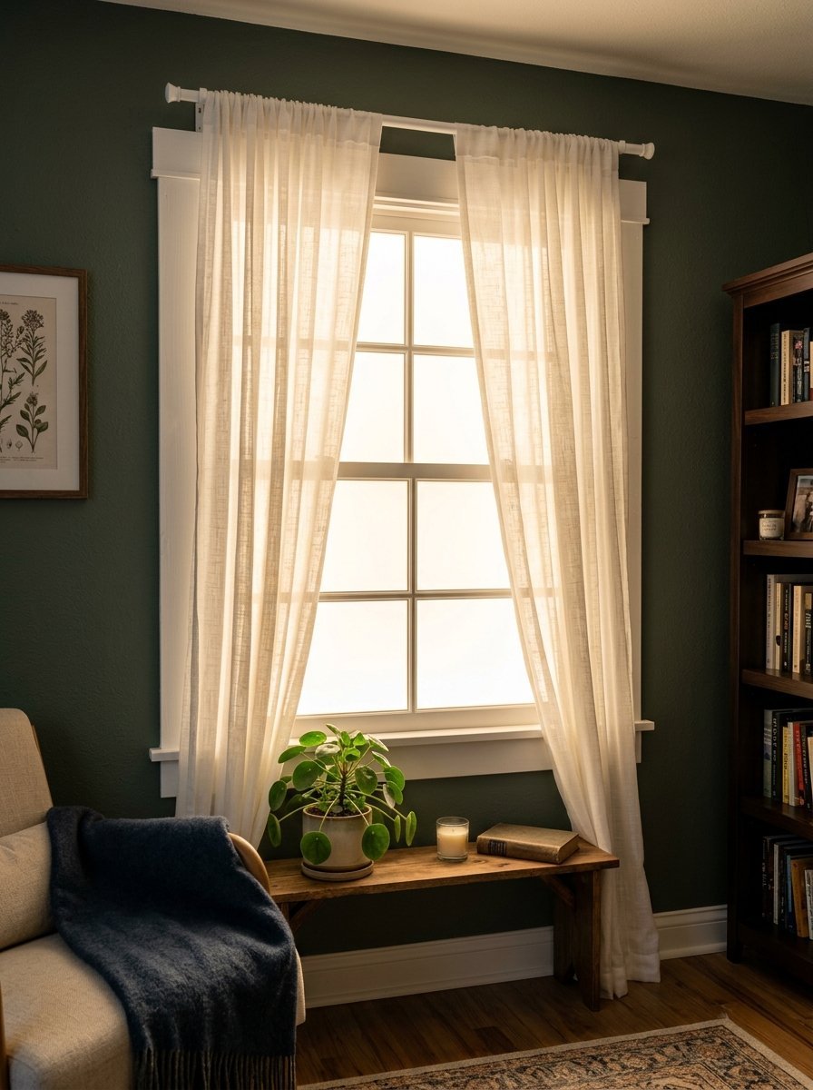 A window with light linen curtains, a small green plant, and a wooden bench against a dark forest green wall.