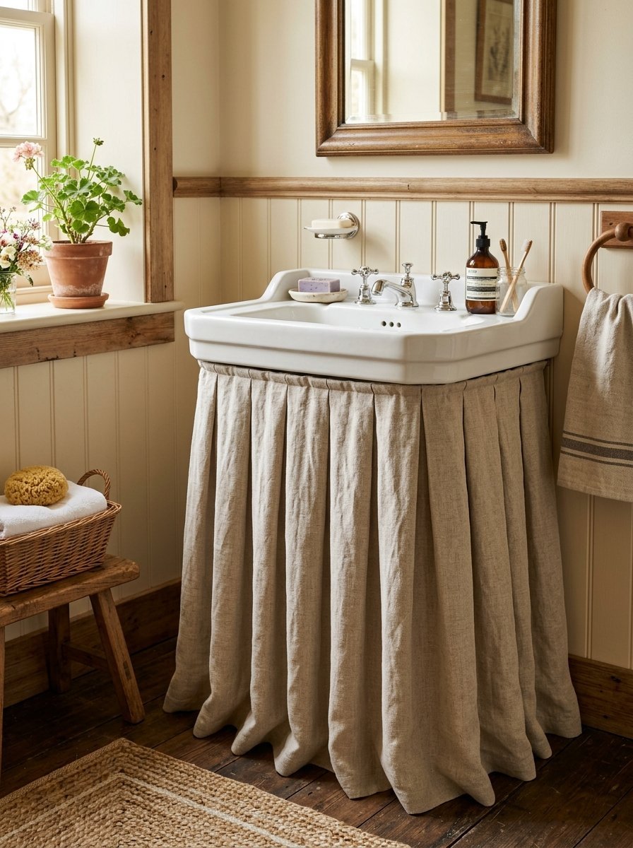 Vintage ceramic sink with a beige fabric skirt, wooden stool, and potted plant in a rustic bathroom.