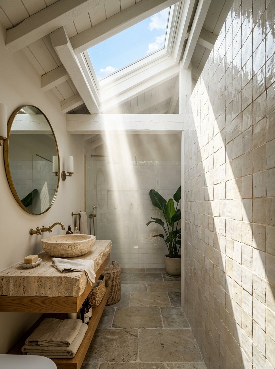A sunlit bathroom featuring a stone vessel sink, wooden vanity, and a large indoor plant under a bright skylight.
