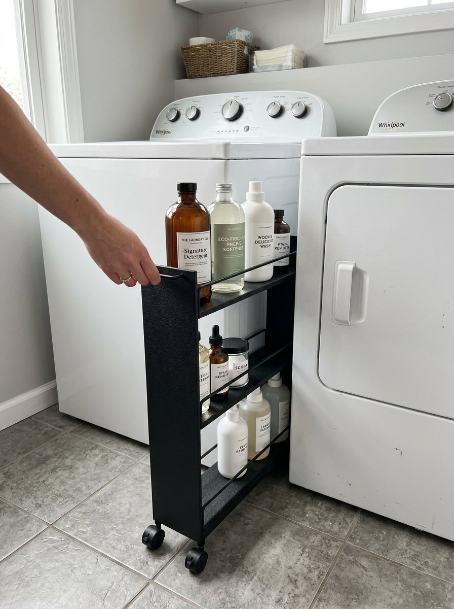A narrow black metal cart on wheels holding various laundry cleaning supplies between two white washing machines.
