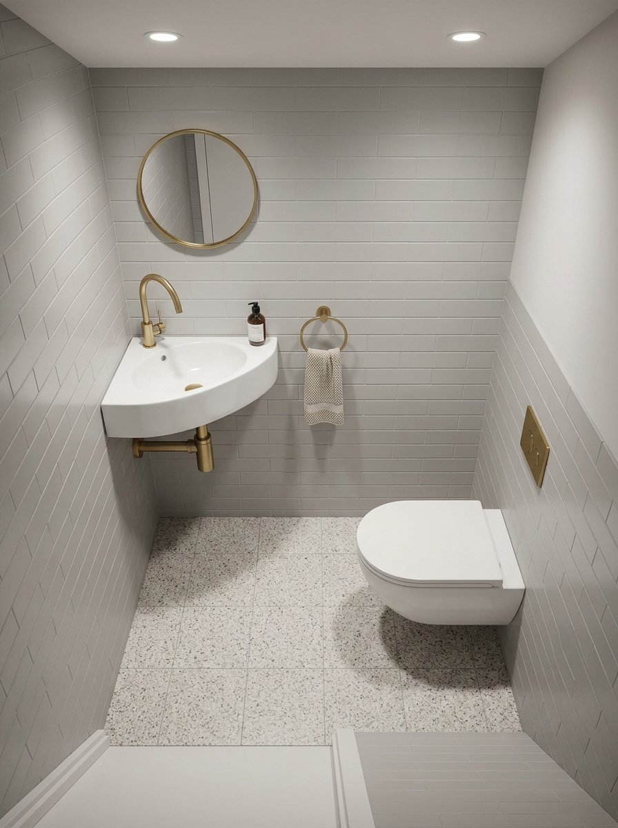 Compact modern restroom with grey subway tiles, white wall-mounted toilet, and a circular gold mirror.