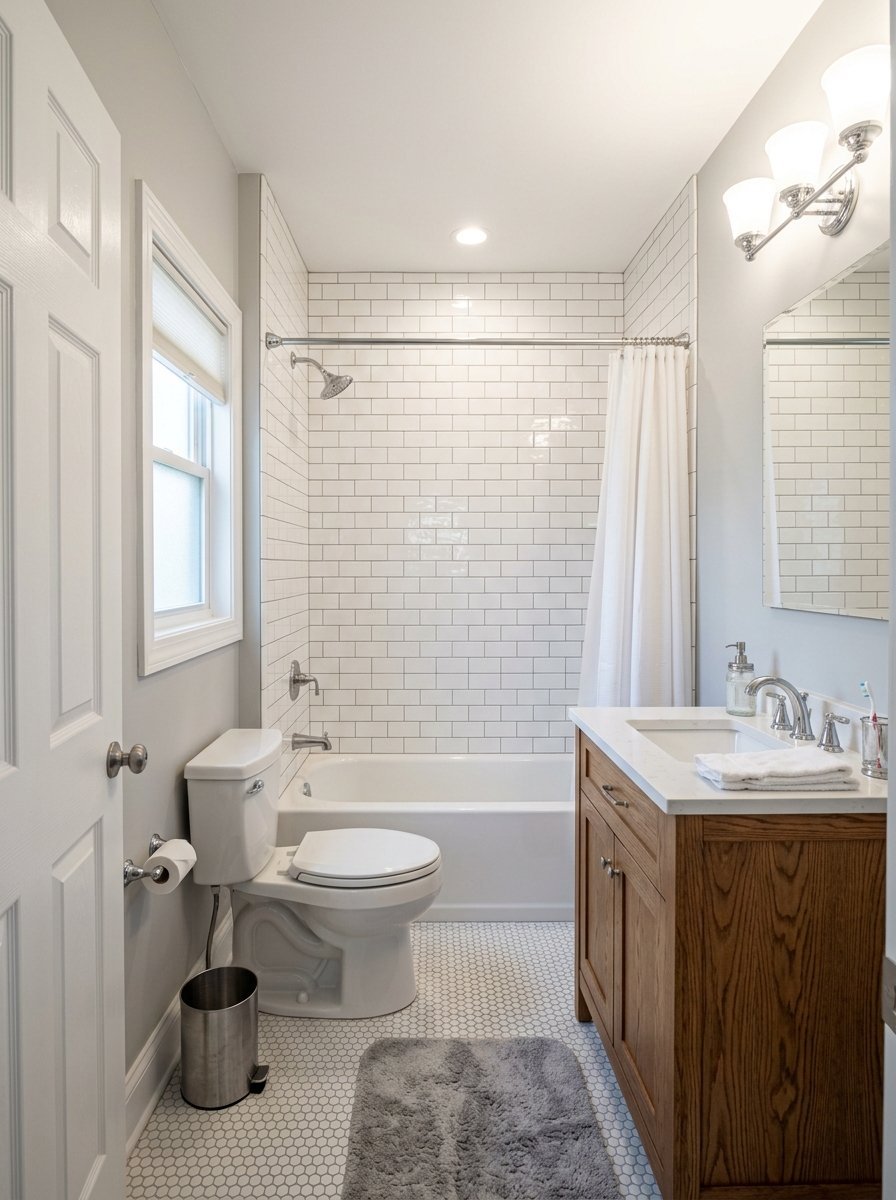 Compact bathroom featuring a white subway tile tub surround, hexagonal floor tiles, and a wooden vanity.