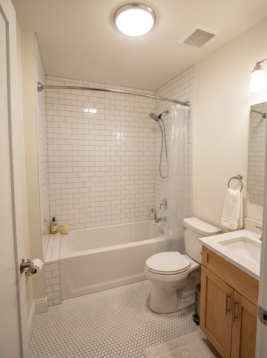 Compact bathroom with a white tiled shower, wooden vanity, and hexagonal floor tiles.
