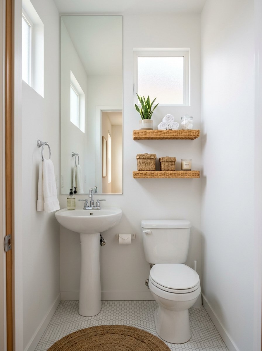 A narrow half-bathroom with white walls, a pedestal sink, a toilet, and two rattan shelves holding plants and towels.