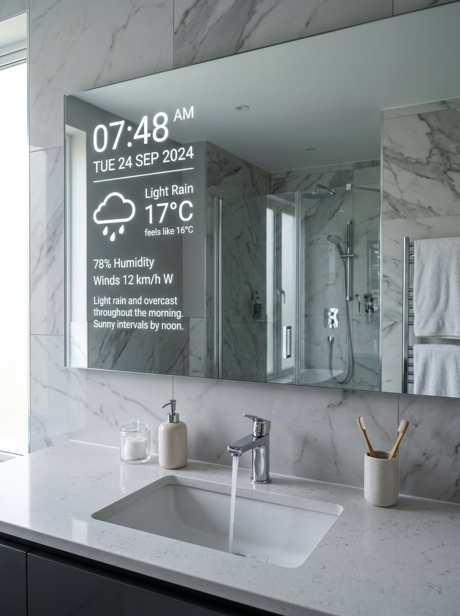 A bathroom mirror displaying weather, time, and date information on its glass surface above a marble sink.