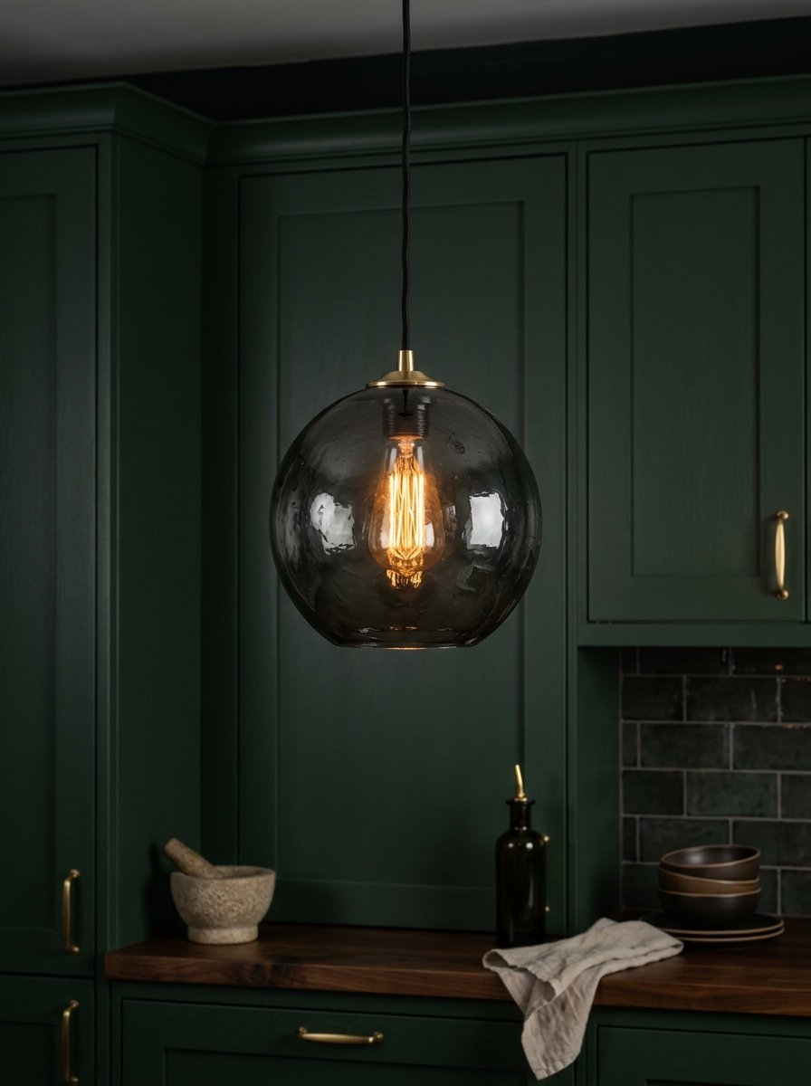 Round glass pendant light with a warm glowing filament bulb hanging in a dark green modern kitchen.