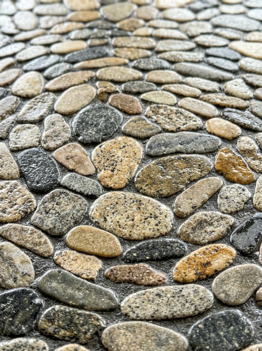 Close up of a garden path made of various tan, grey, and brown polished river rocks.