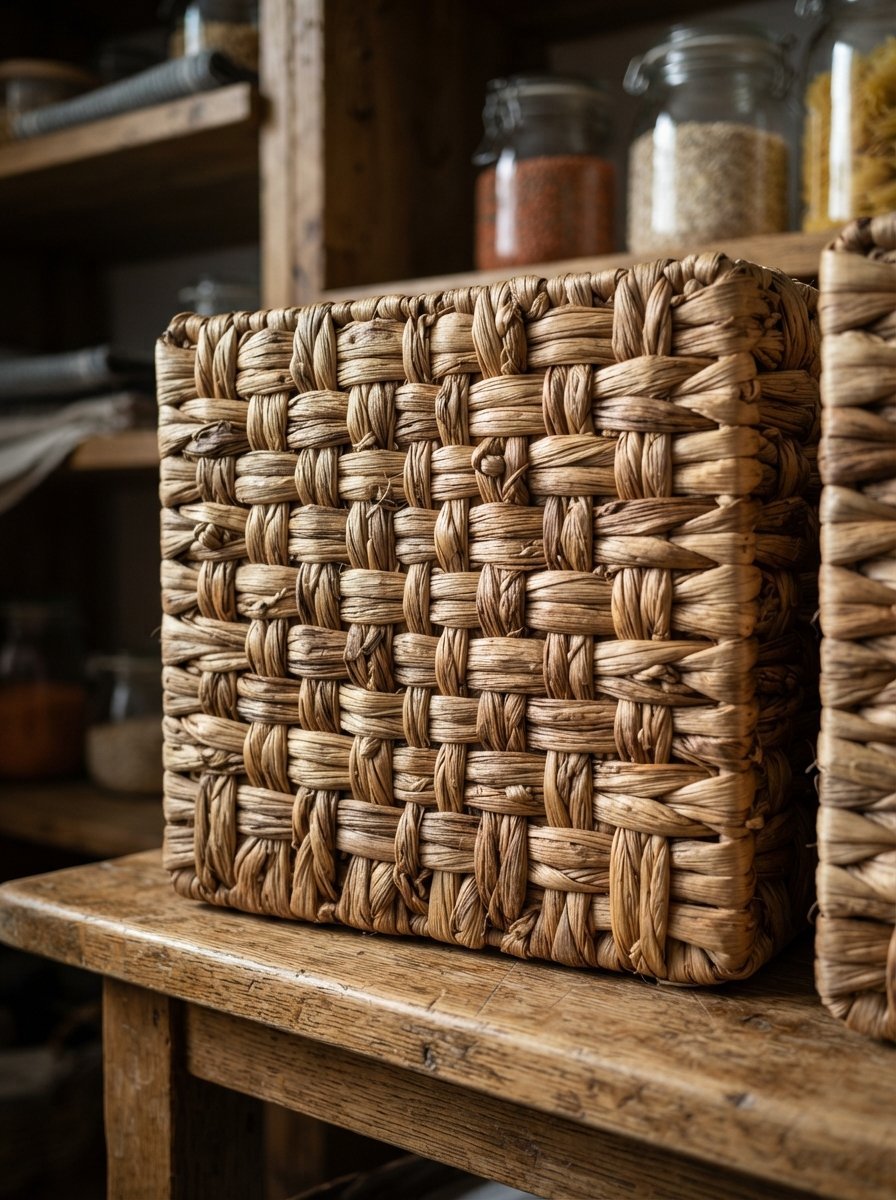 Close-up of a square seagrass woven basket placed on a weathered wooden kitchen counter.