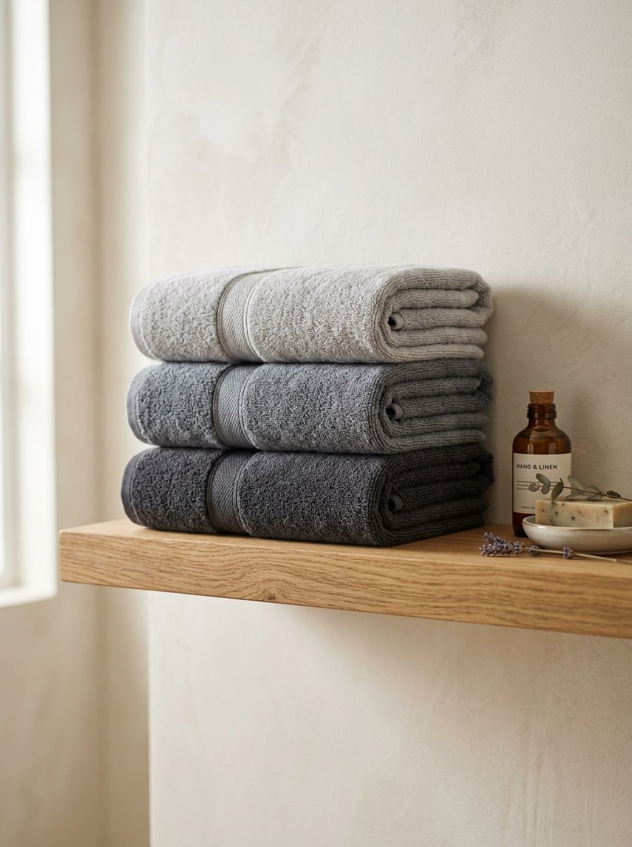 A stack of three towels in varying grey shades next to a soap dish and bottle on a light oak shelf.