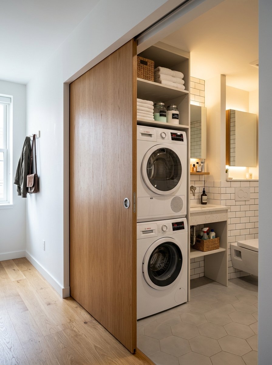 Stacked white washer and dryer unit built into a small bathroom alcove next to a wooden sliding door.