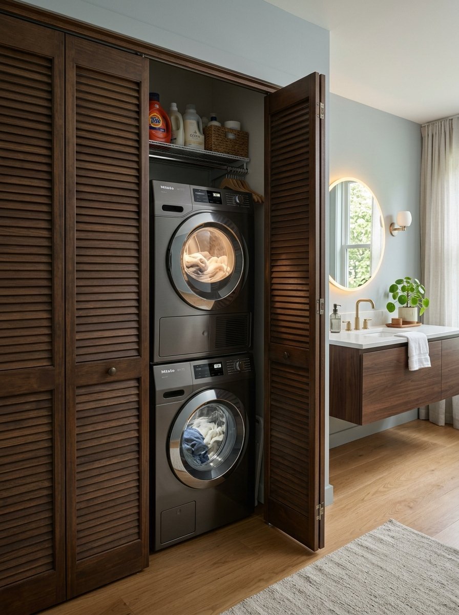 Modern dark gray stacked laundry machines tucked behind open wooden louvered doors in a bathroom.