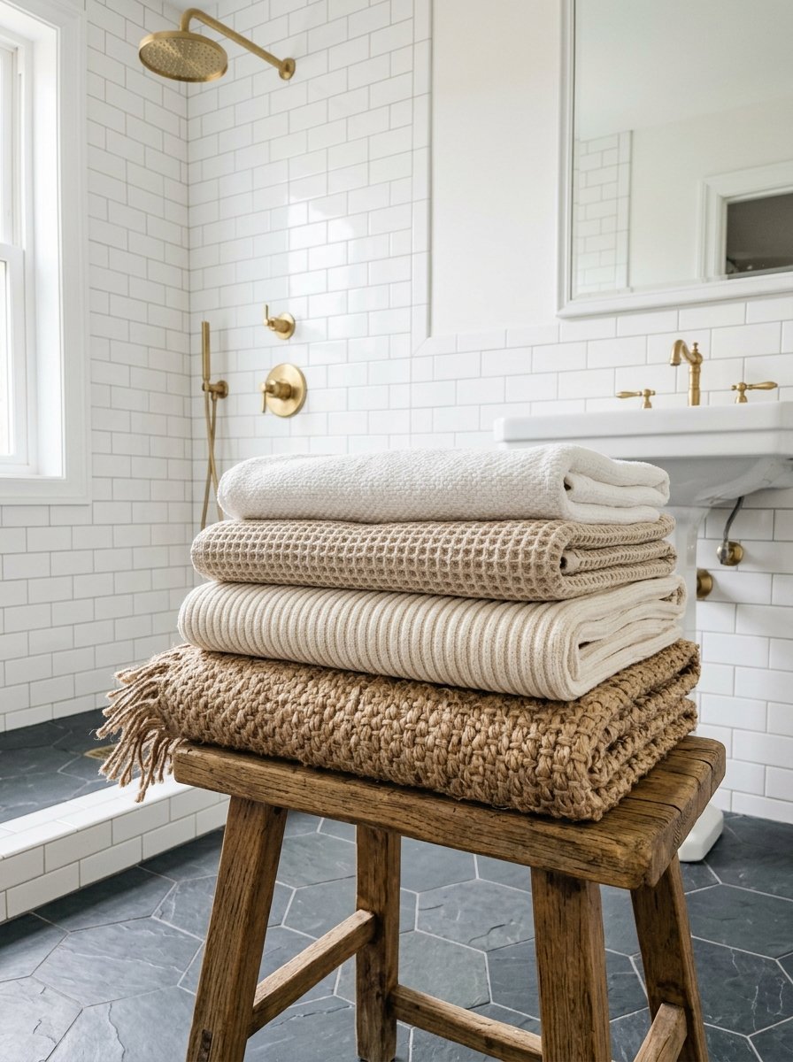 Four folded towels with varied textures sitting on a small wooden stool inside a tiled bathroom.