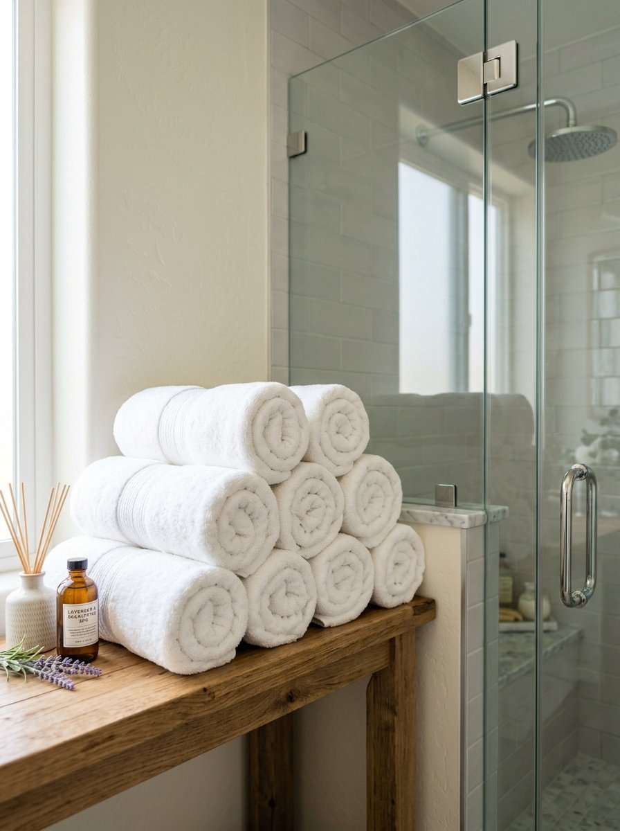 Group of rolled white towels resting on a rustic wood console table next to a glass shower stall.