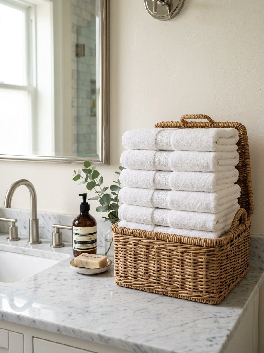 Folded white towels organized in a natural wicker basket on a marble bathroom vanity countertop.