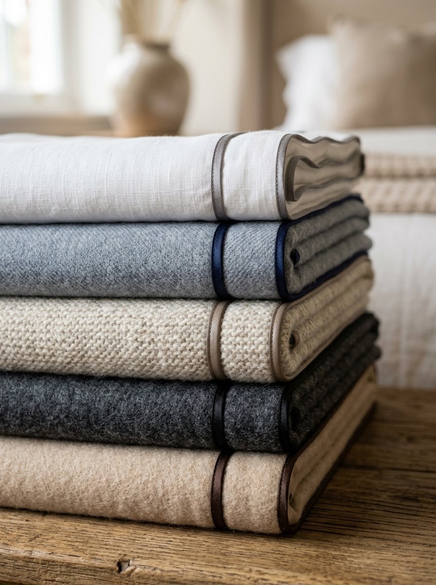 Five different colored wool blankets folded neatly in a vertical pile on a rustic wooden table.